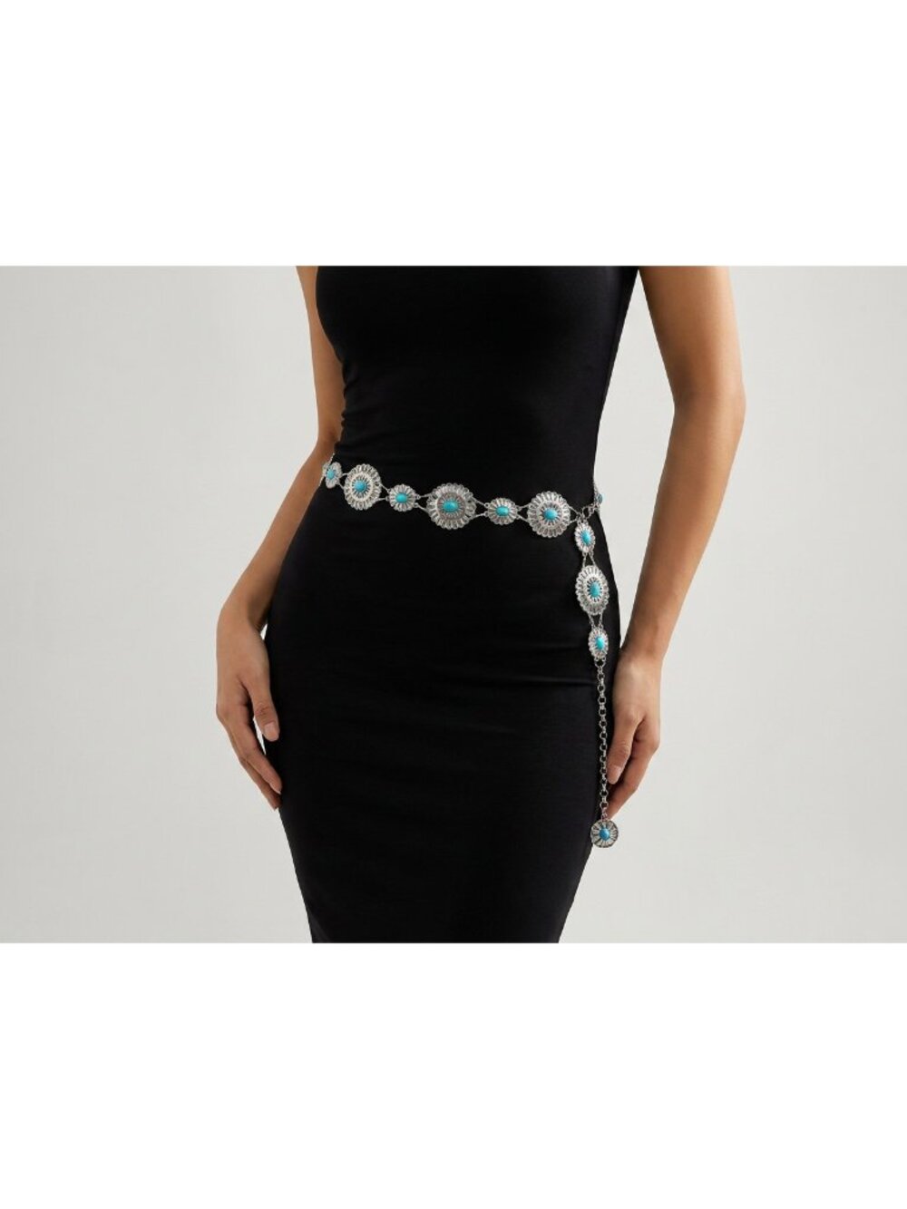 Womens Silver Tone Concho Fashion Belt with Faux Turquoise Stones Western Boho
